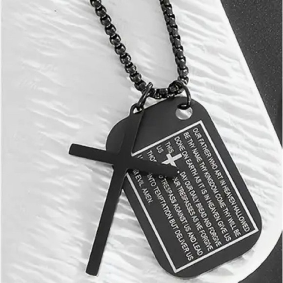 Dog Tags Style Stainless Steel Engraved Scripture Cross Pendant Necklace NWT - Picture 3 of 9